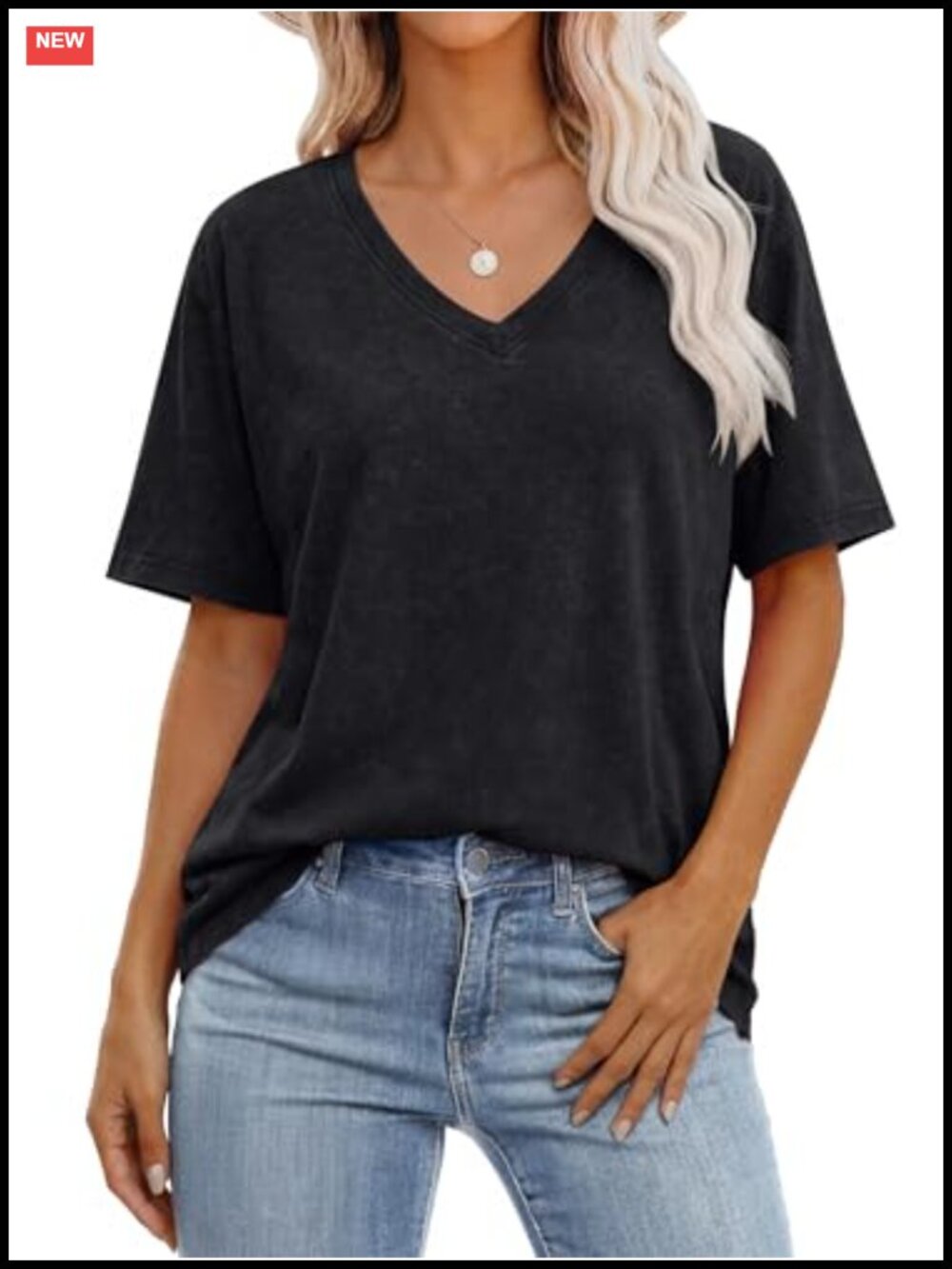 ANRABESS Womens Oversized Acid Wash V Neck T-Shirt Rayon Short Sleeve Vintage